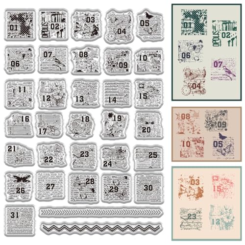 CRASPIRE Sellos Transparentes de Silicona Reutilizables Retro para Calendario Semana Mes Palabras Y Números para Álbumes de Recortes Fotos Decoración Diario Tarjetas Regalos Navidad