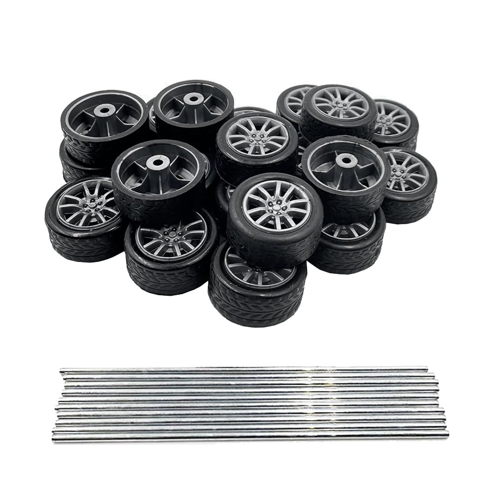 Photo 1 of 20PCS Small Toy Car Wheel 16mm Model Car Mini Rubber Tire Wheels with 10PCS Shaft Round Rod Axles for DIY Model Toy RC Car Truck Robot Building Accessories (Silver 2x16mm)
