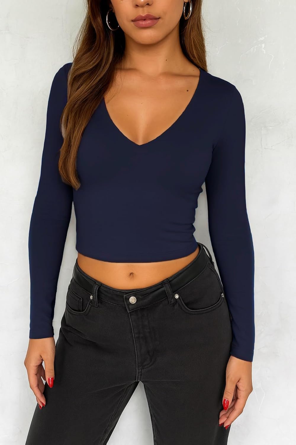 ForeFair Womens Long Sleeve Crop Tops Shirts Casual V Neck Going Out Top Double Lined Slim Fitted Basic Tee - Image 5