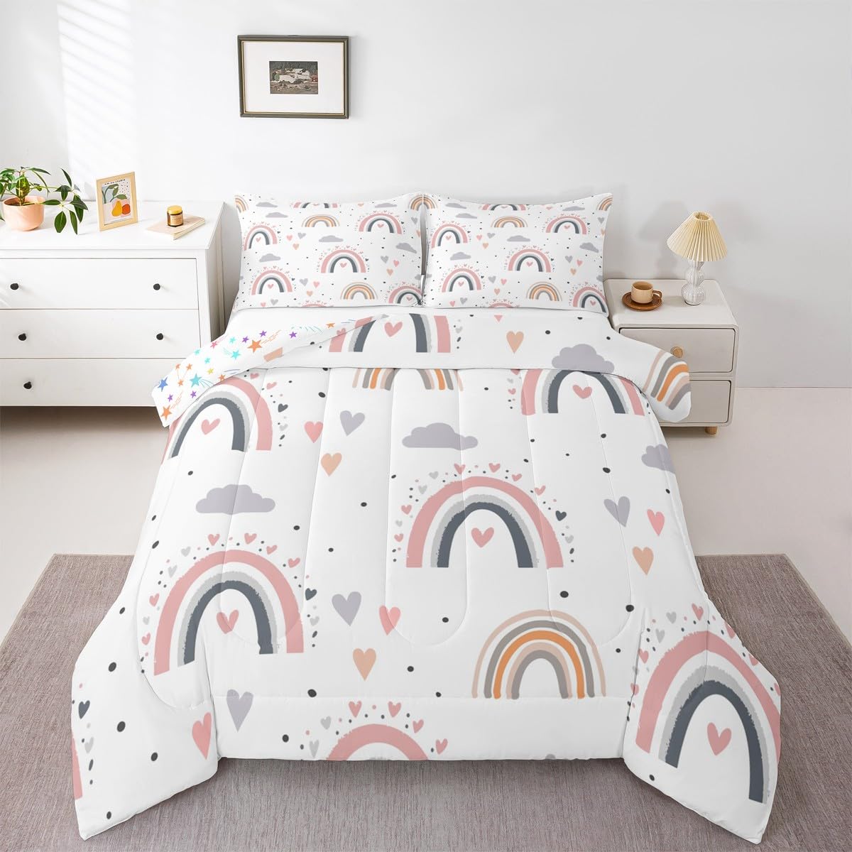 Rainbow Full Bedding Sets For Girls, Kawaii Cloud Comforter Set 3 Pieces With 2 Pillow Cases, Pink Love Heart Down Comforter For Kids Boys Women Adult