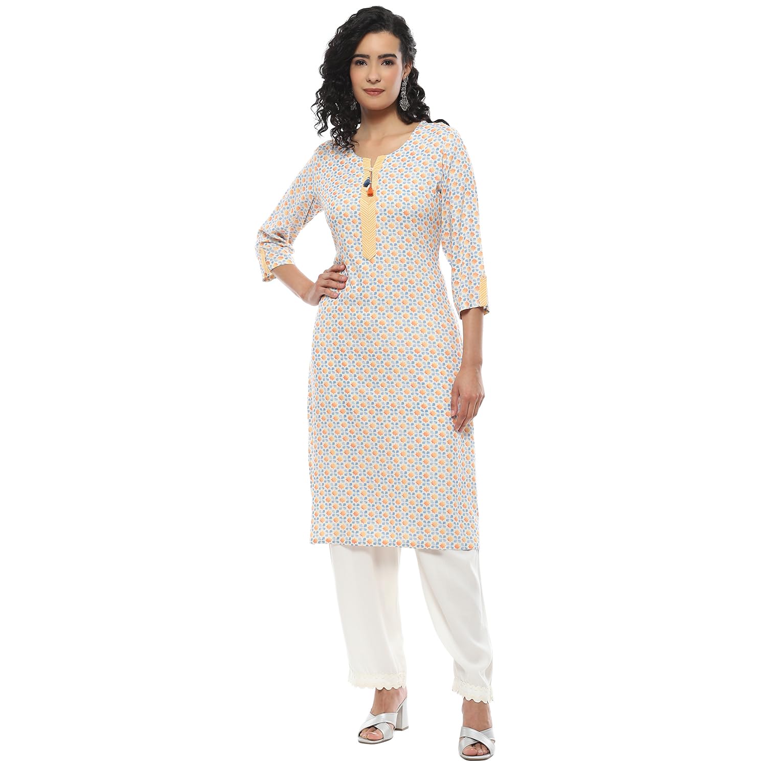 Rangriti Blue & Yellow Printed Straight Kurta for Women in blue