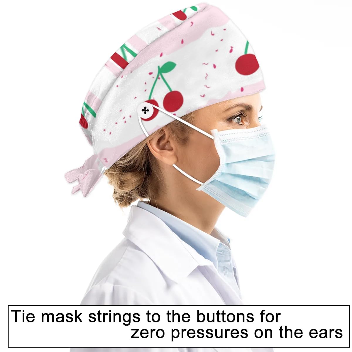 Mularoka Striped Cherry Watercolors Working Caps with Button Sweatband Comfortable Adjustable Bouffant Hats Work Hat for Women Men