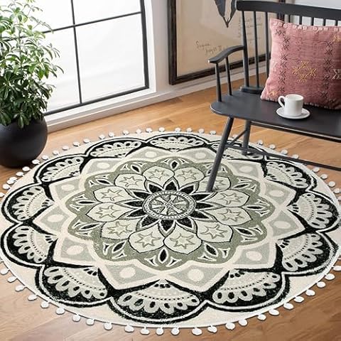 Uphome Round Rug 4ft Black Circle Boho Rug with Pom Pom Fringe Non-Slip Washable Living Room Rug Soft Cute Blooming Mandala Throw Rug for Kid's Room Bedroom Entryway Nursery Cover