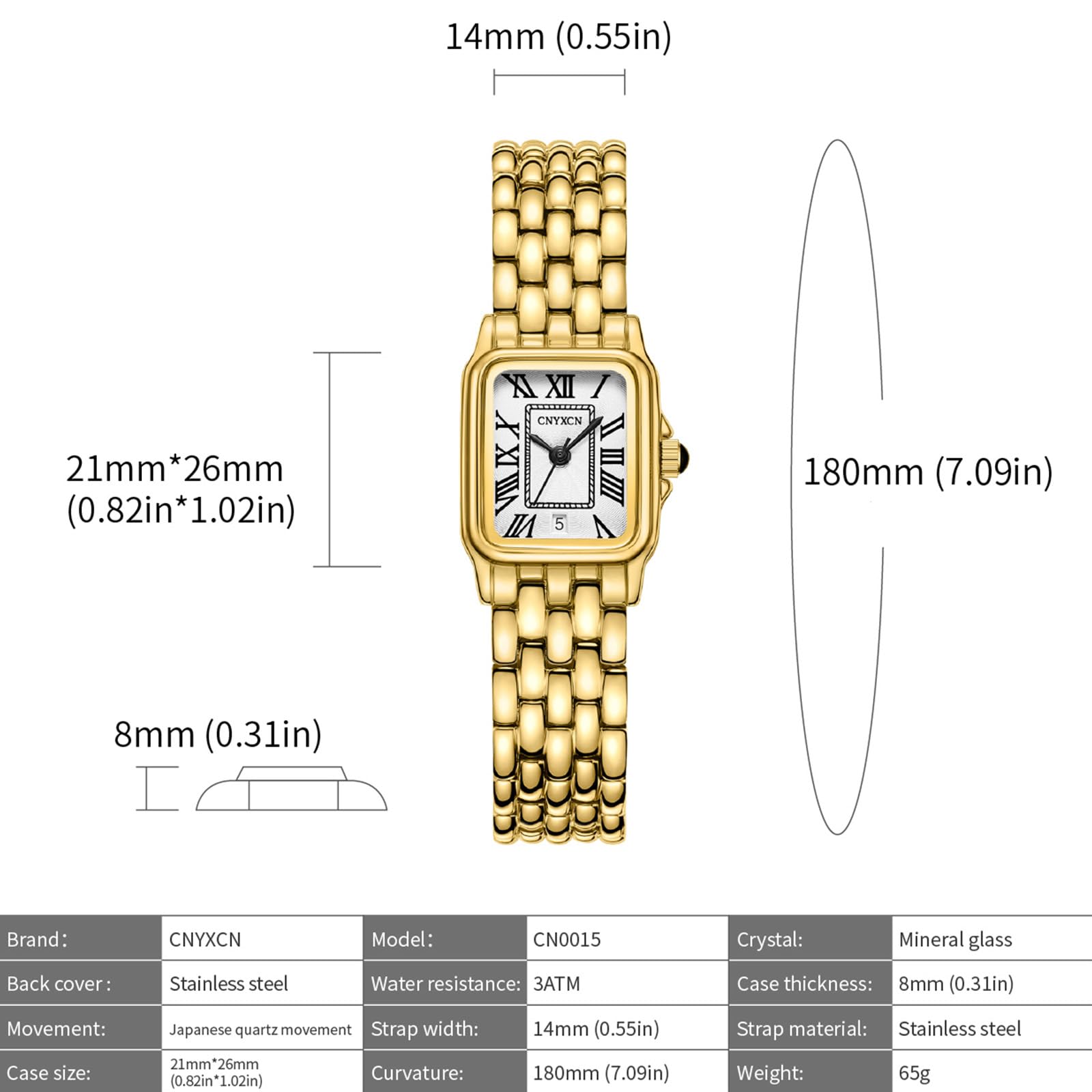 CNYXCN Relojes dorados para mujer con caja rectangular, esfera romana, pulsera vintage, fecha automática, resistente al agua, herramienta de ajuste incluida