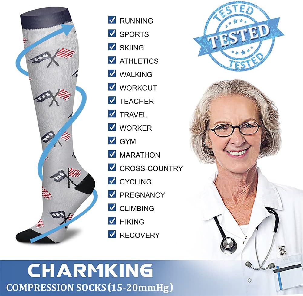 CHARMKING Compression Socks for Women & Men Circulation (8 Pairs) 15-20 mmHg Best Calf Socks Support for Athletic Cycling thumbnail