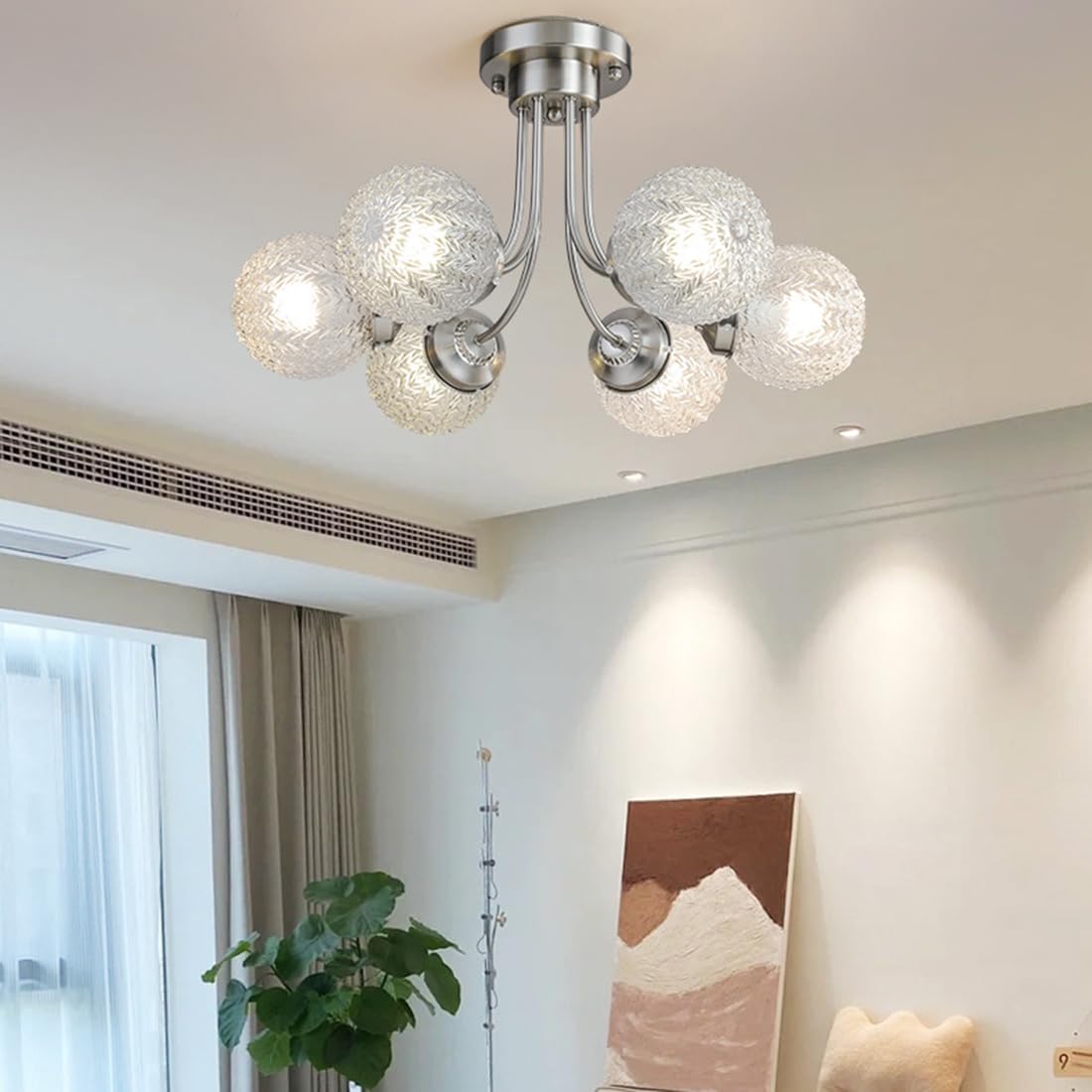 Lampy sufitowe do sypialni 6-Lights Gold Nowoczesne, częściowo podtynkowe lampy sufitowe ze szklanym kloszem w kształcie fali do sypialni, jadalni (chrom