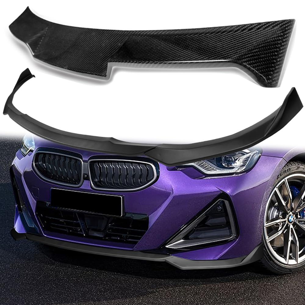 4PCS Front Bumper Lip & Carbon Fiber Rear Window Roof Spoiler Wing Compatible with 2022-2025 BMW (G42) 2-Series 220i 230i M240i M-Sport Bumper Only (Unpainted Black Lip)