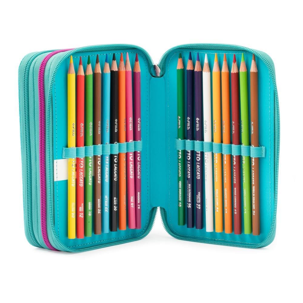 Go Pop - Astuccio Triplo Scuola Turtle Bloom Con 3 Zip E 3 Scomparti, Contiene 18 Matite Colorate, 18 Pennarelli e altri Pratici Oggetti per la Scuola,13 l x 19,5 h x 6,5 p