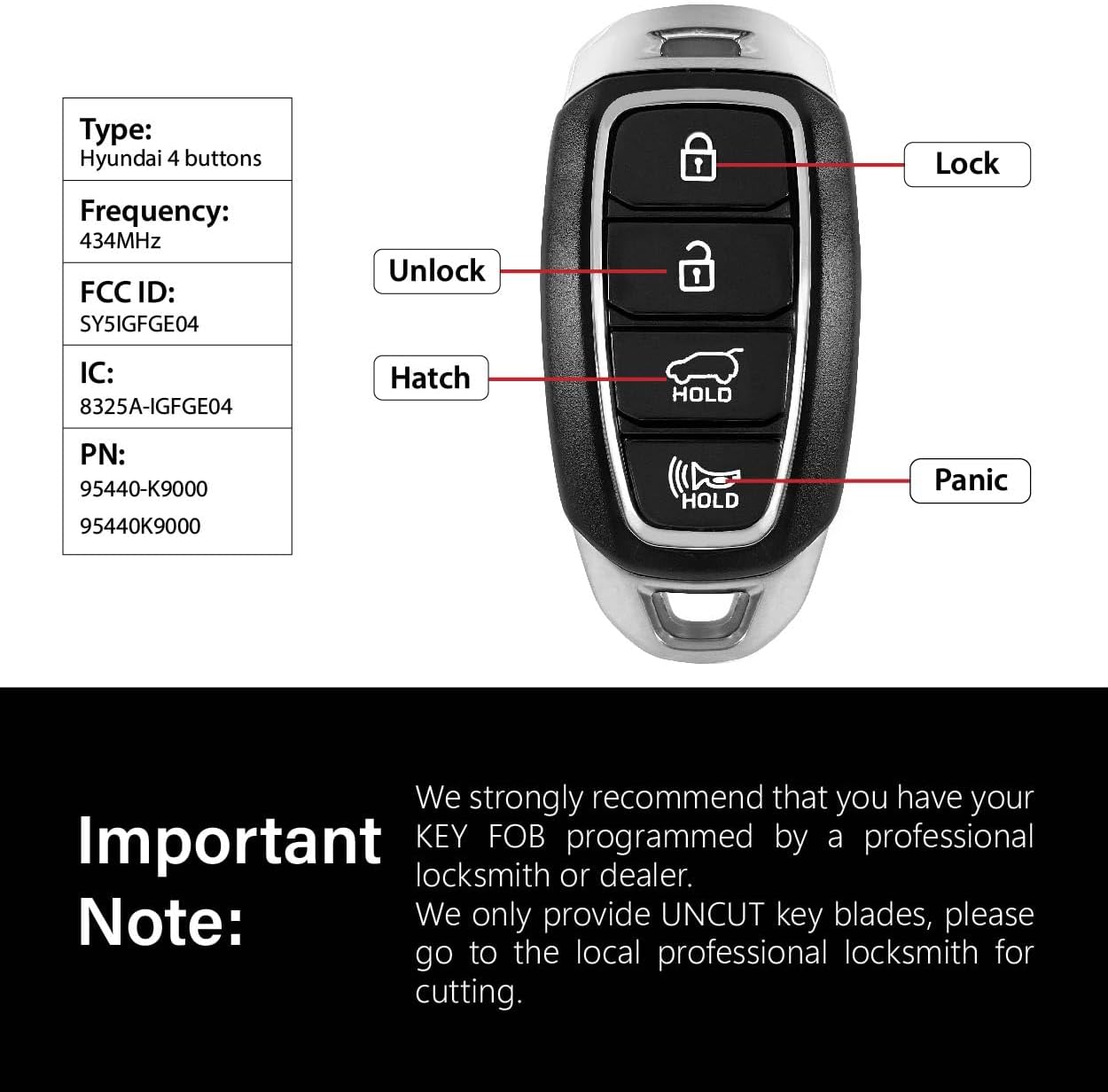 Replacement for Hyundai Vel Oster N Key Fob Remote Control 2019 2020 4 Buttons 434MHz SY5IGFGE04,Black