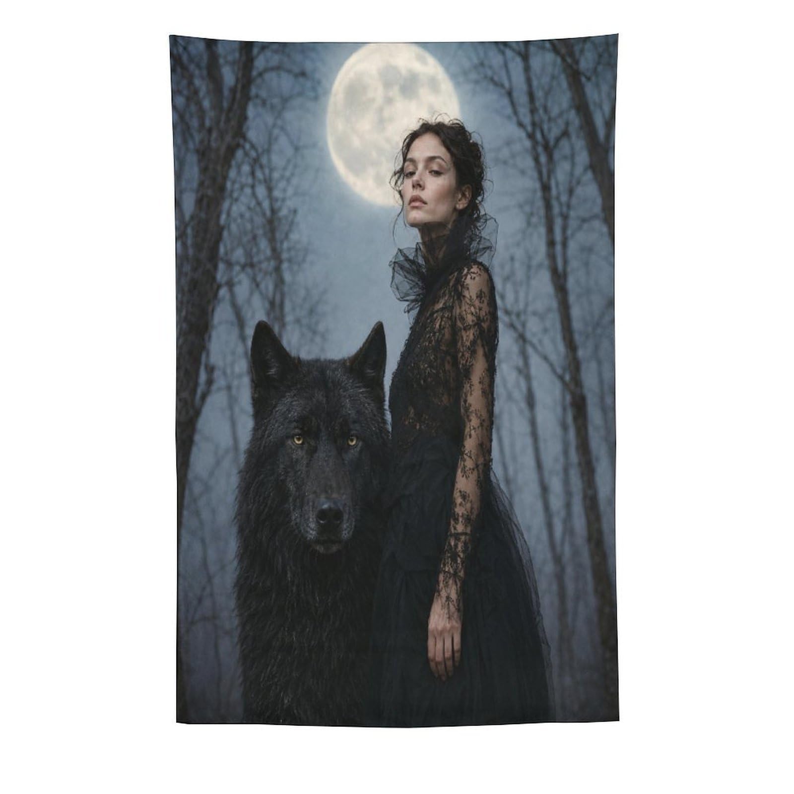 W7C8U2X3 Woman with Black Wolf Wall Tapestry, Surrealist, Reading Corner