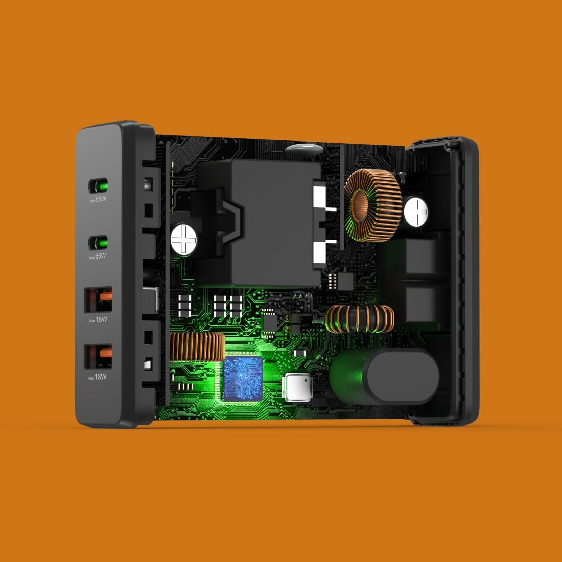 Hama stacja ładująca ładowarka GaN 65W (2x USB-C, 2x USB-A, PD 3.0, QC 3.0, ładowanie 4 urządzeń jednocześnie, inteligentna ochrona, kompaktowa, uniwersalna, do laptopa, smartfona, smartwatcha)