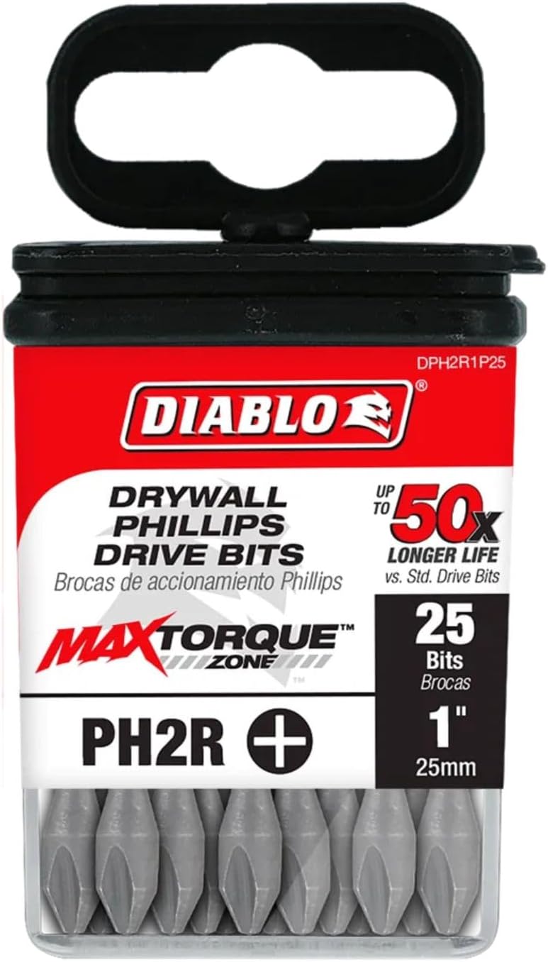 Diablo Reduced Phillips Drive Bits for Drywall for Fastening Screws and Nuts - MaxTorque Zone, Impact Strong, 1/4" Hex Shank, PHR2 Screwdriver Head - #2, 1" Length, 25-Pack - DPH2R1P25