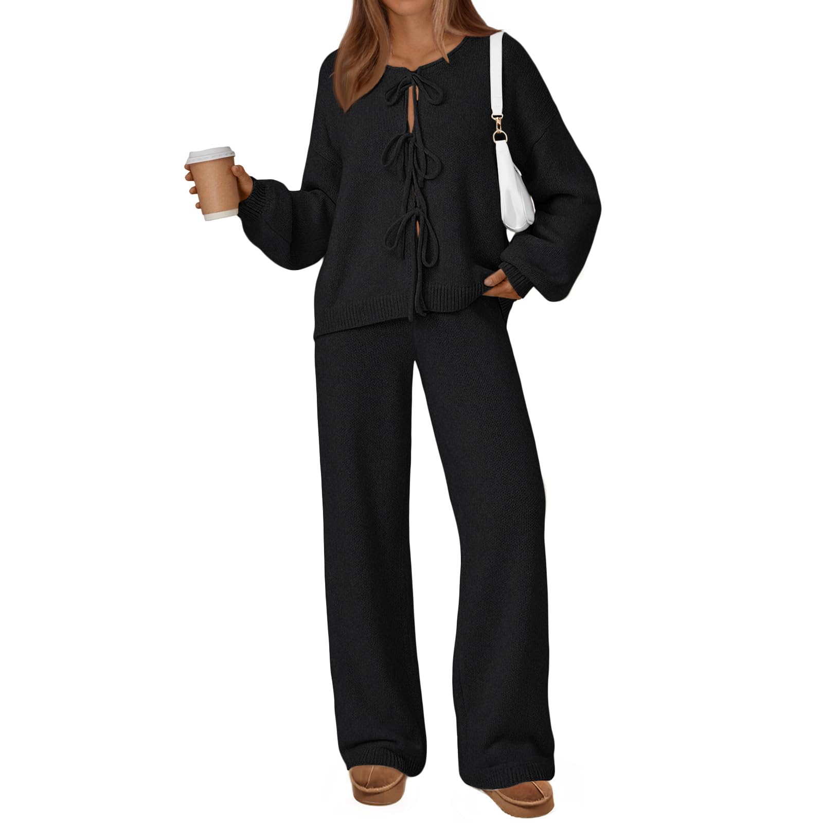 LILLUSORY Womens Lounge Sets 2 Piece Tie Front Oversized Sweater Airport Travel Winter Outfits 2025 Fall Matching Sweatsuit
