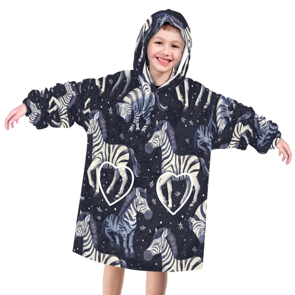 Pardick Wearable Blanket Hoodie for Kids, Striped Zebra Fleece Sweatshirt Blanket Oversized Blanket Sweatshirt with Pocket Flannel Warm Hooded Blanket 6-10 Year Old Girl Boy Gift, One Size