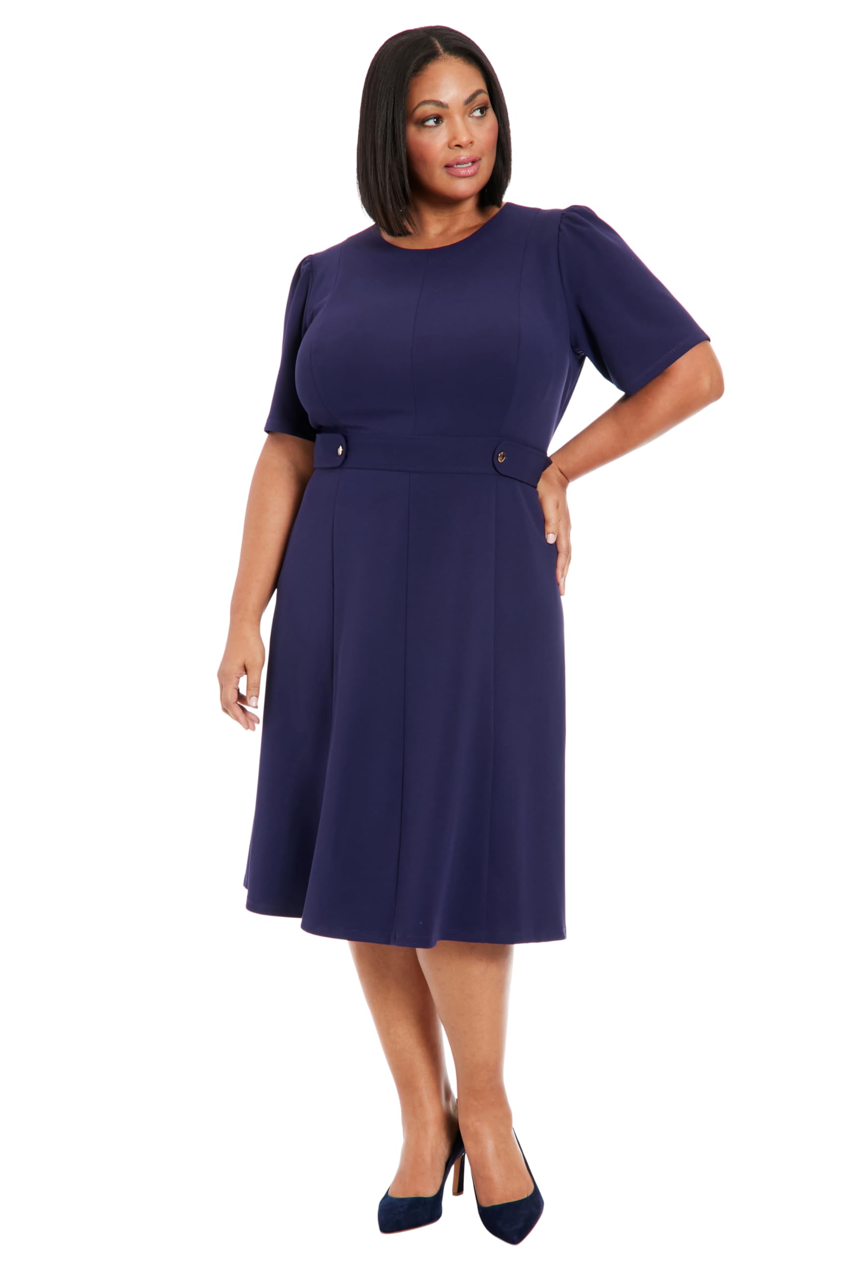 London Times Womens Short Sleeve Crepe Fit and Flare Midi with Waist Button Detail