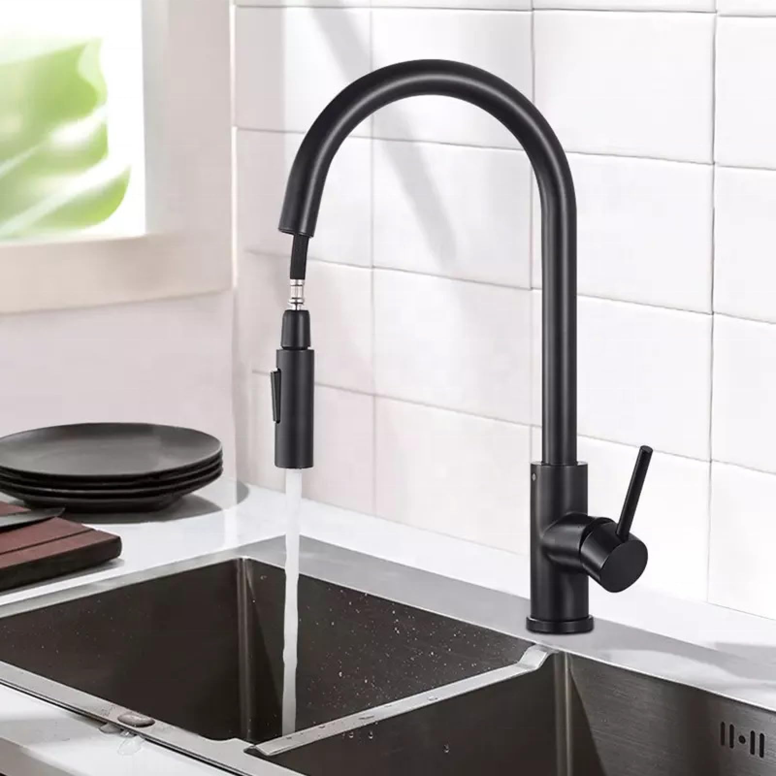 Fanjubei Black 304 Stainless Steel Kitchen Pull-Out Hot And Cold Water Faucet,