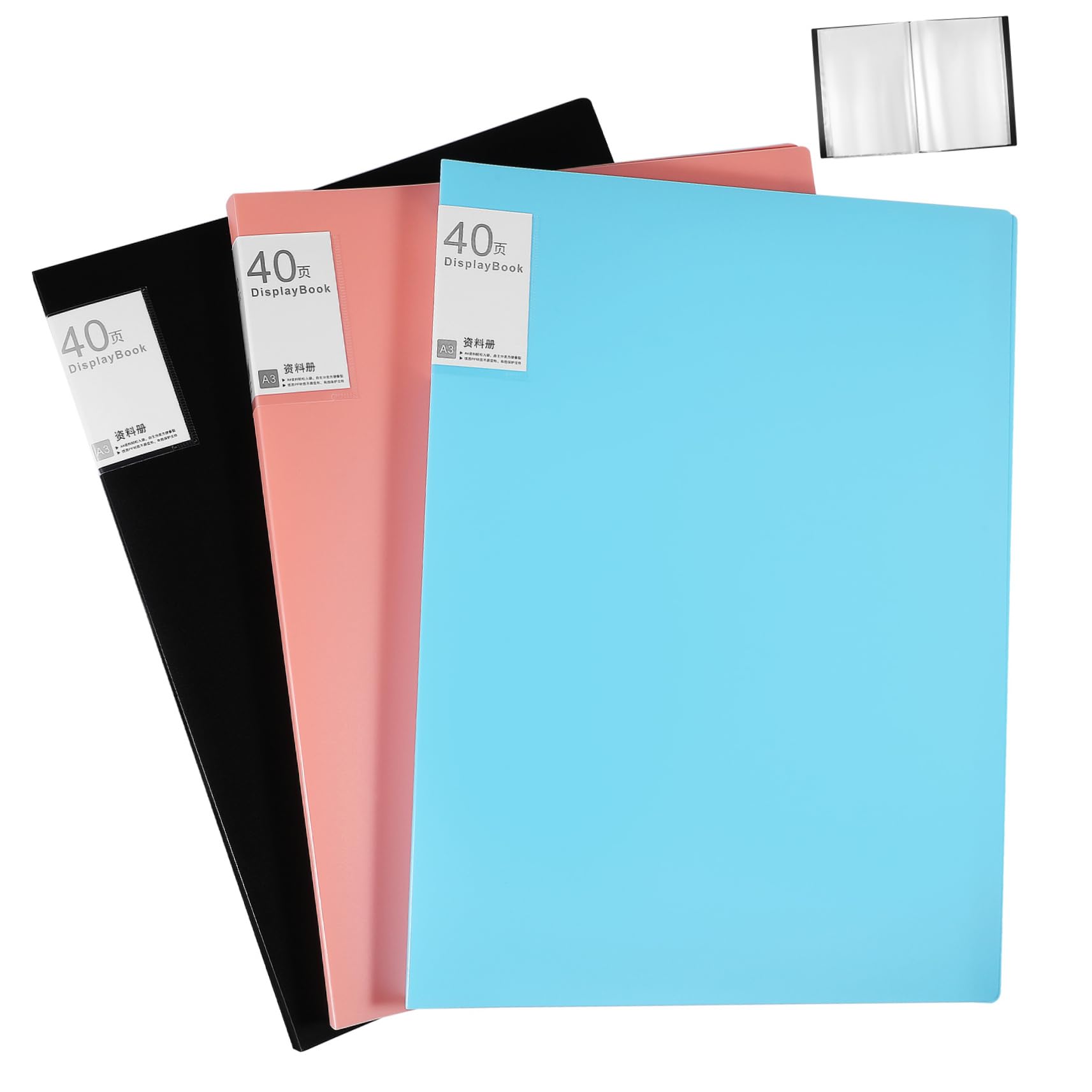 KOMBIUDA Set da 3 Raccoglitori per Portfolio A3 con 40 Pagine, Resistente in Plastica, Grande Capacità di Archiviazione per Riunioni e Scuole