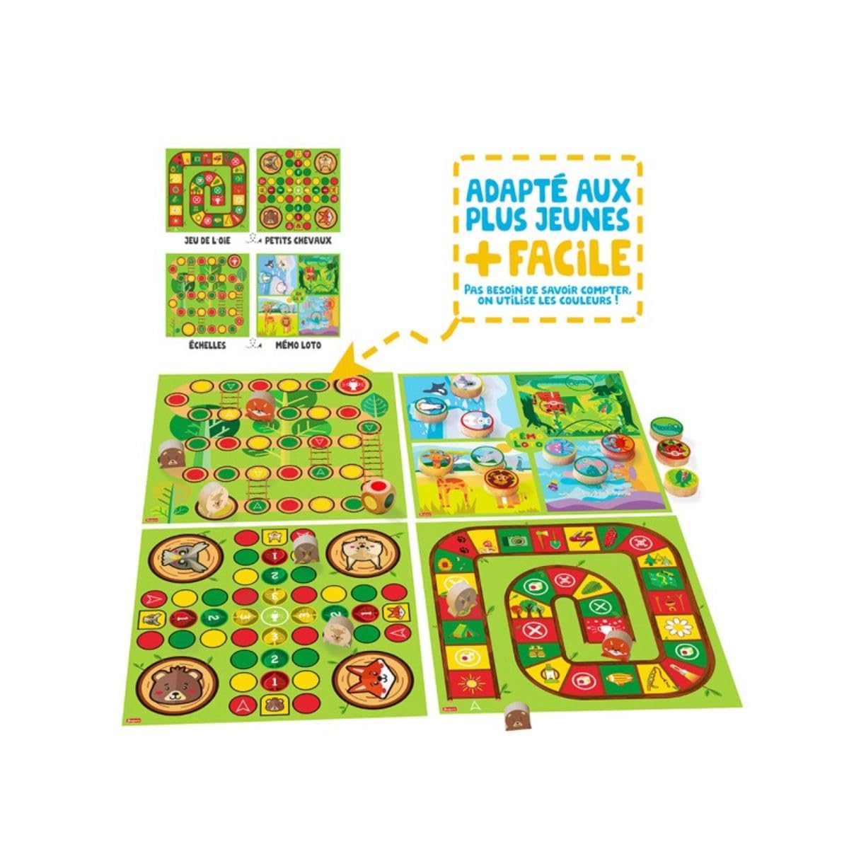 Jeujura - Mon Premier Coffret de Jeux - Jeu de Société dès 2 Ans - 8110 | Jeux traditionels adaptés aux enfants - Jeux des petits chevaux, de l'oie, des échelles, mémo-loto Coffret en bois