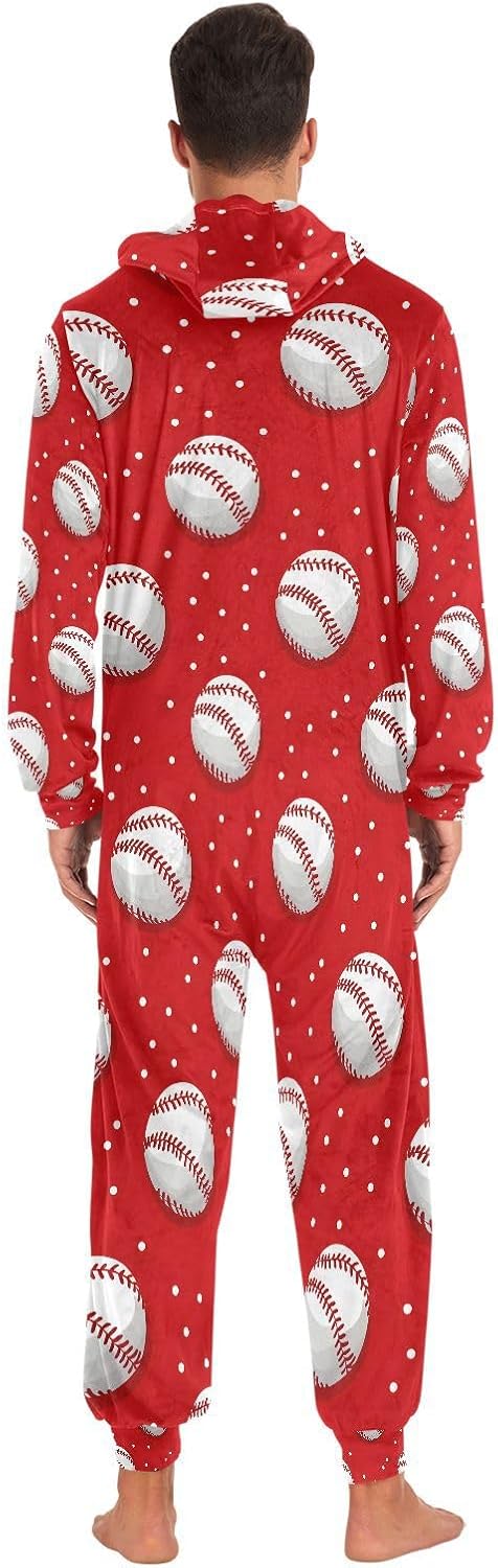 Baseball Sports Red Adult Onesie Pajamas Novelty One Piece Costume Sleepwear Jumpsuits Matching PJS