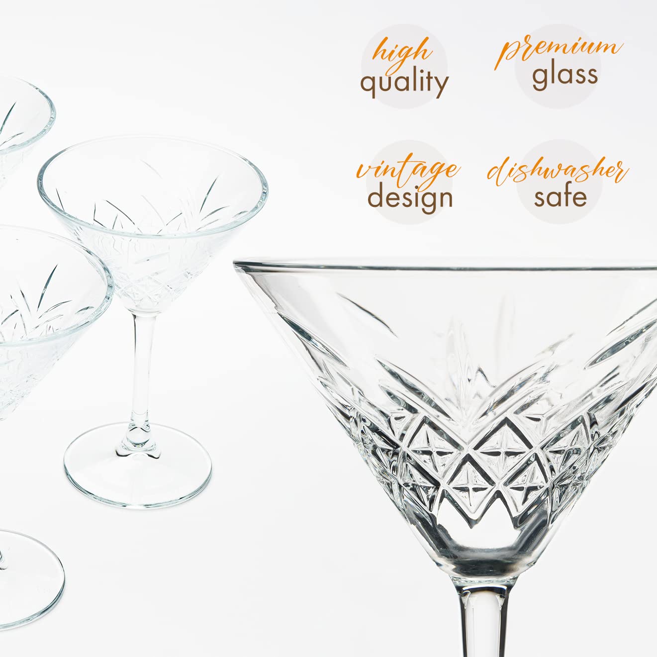 Set di 4 Bicchieri da Martini Vintage (230 ml/7,7 once). Bicchieri Cocktail, Bicchieri da Martini per Espresso, Bicchieri da Margarita, Bicchieri da Champagne con Stelo Lungo