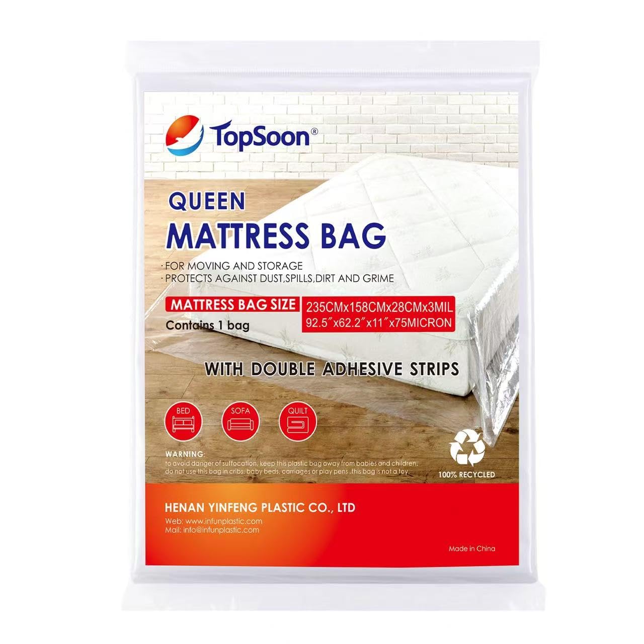 Topsoon Clear Queen Mattress Bags, Heavy Duty Queen Size Mattress Cover For Moving House & Self Store - Plastic Mattress Storage Bag Protector - Strong, Reusable, Tearproof(3Mil, 92.5" X 62.2" X 11")