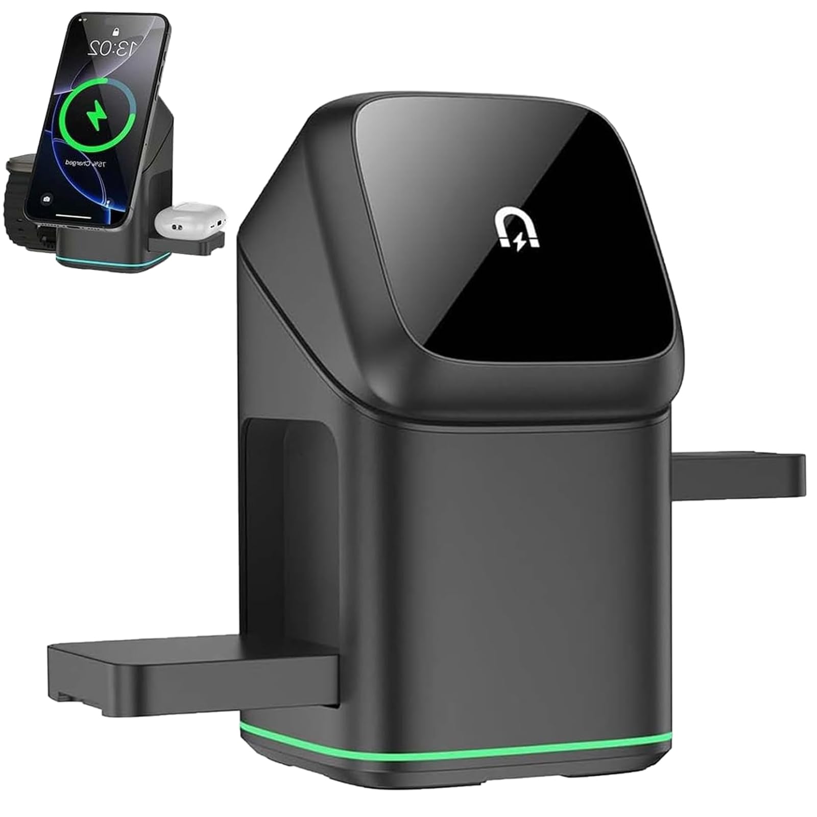 Subsistenceed Cargador inalámbrico 3 en 1, estación de carga táctil multidispositivo con soporte magnético de rotación automática de 15 W, base de carga rápida plegable para teléfonos inteligentes