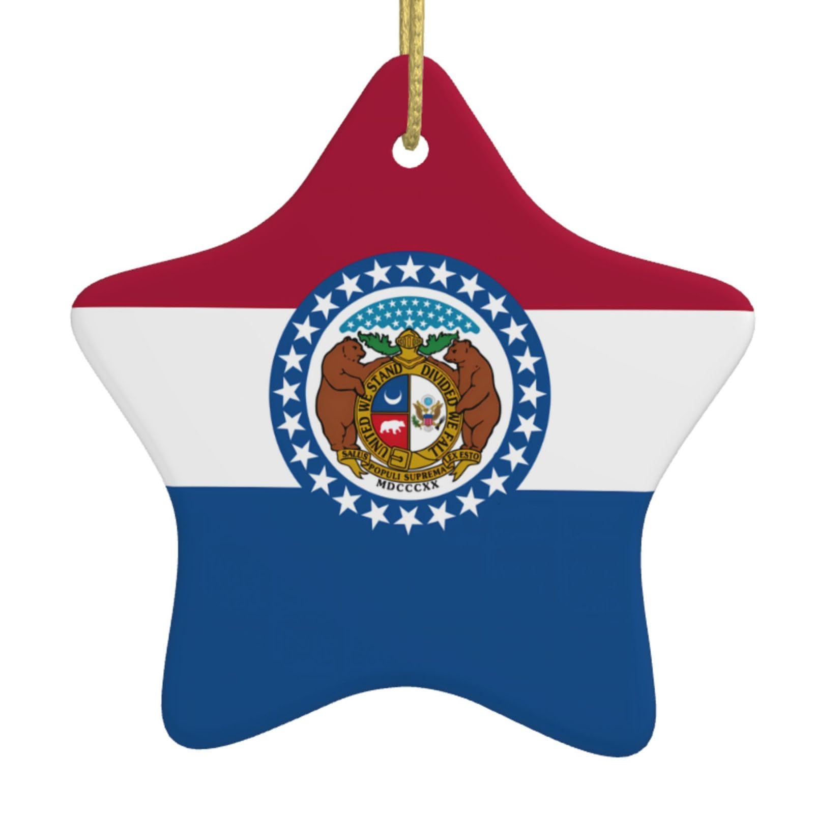 Missouri State Flag Christmas Ceramic Star Pendant with Punched Holes and Gold Wire Rope, Christmas Tree Home Decoration