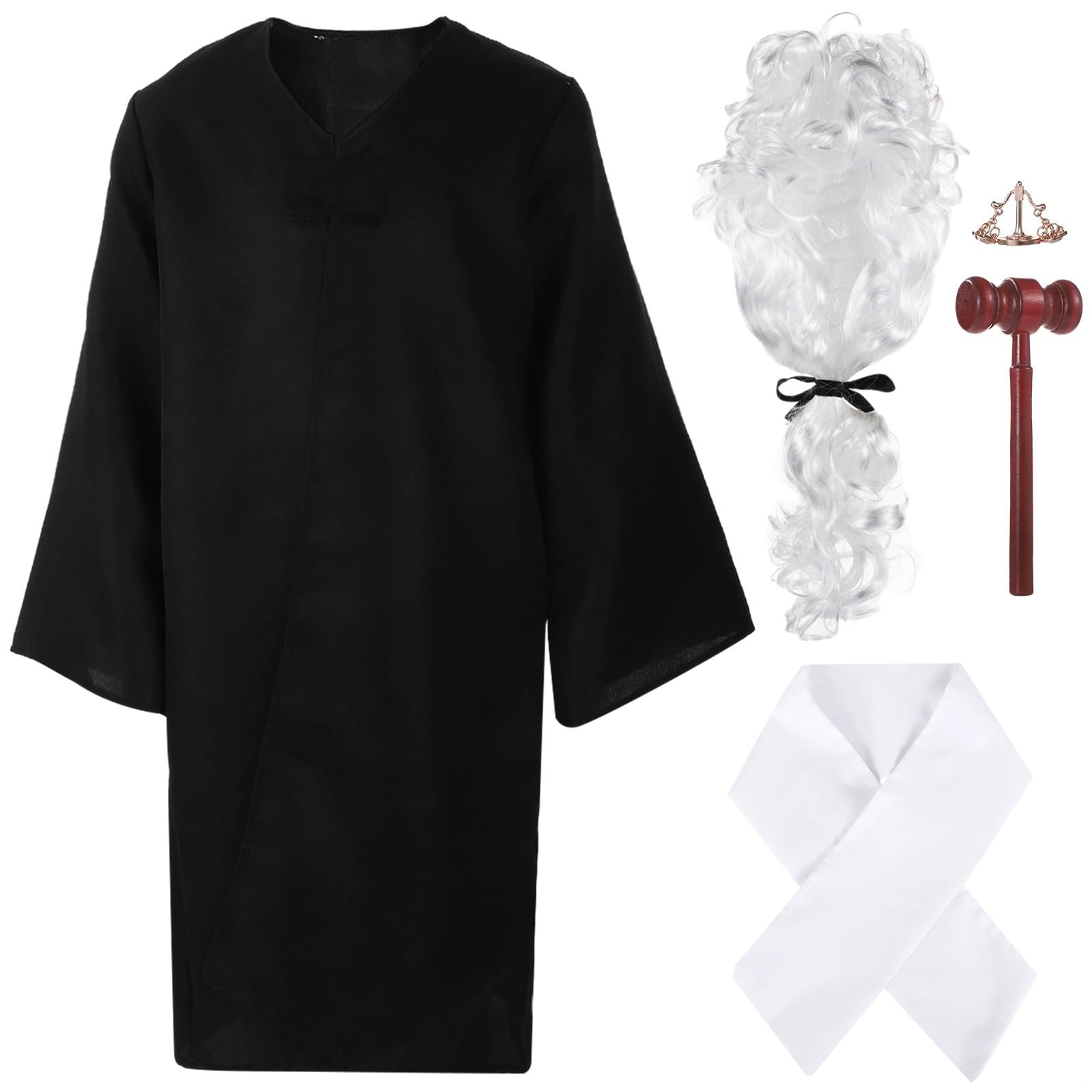 Zestaw kostiumów autentyczna peruka sędzia szlafrok drewniany młotek, realistyczne akcesoria do cosplay, dla maluchów, kompletne przebranie tematyczne, imprezy halloweenowe dla
