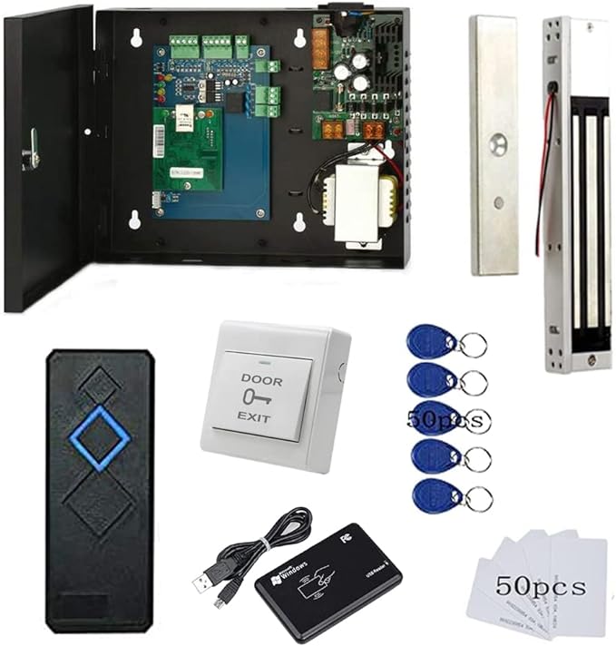 MENGQI-CONTROL Door Access Control System with 600lbs Magnetic Lock Entry Control Panel 110V Power Supply Box RFID Reader Exit Button Enroll RFID USB Reader Card Key Fob Phone APP Remotely Open Lock