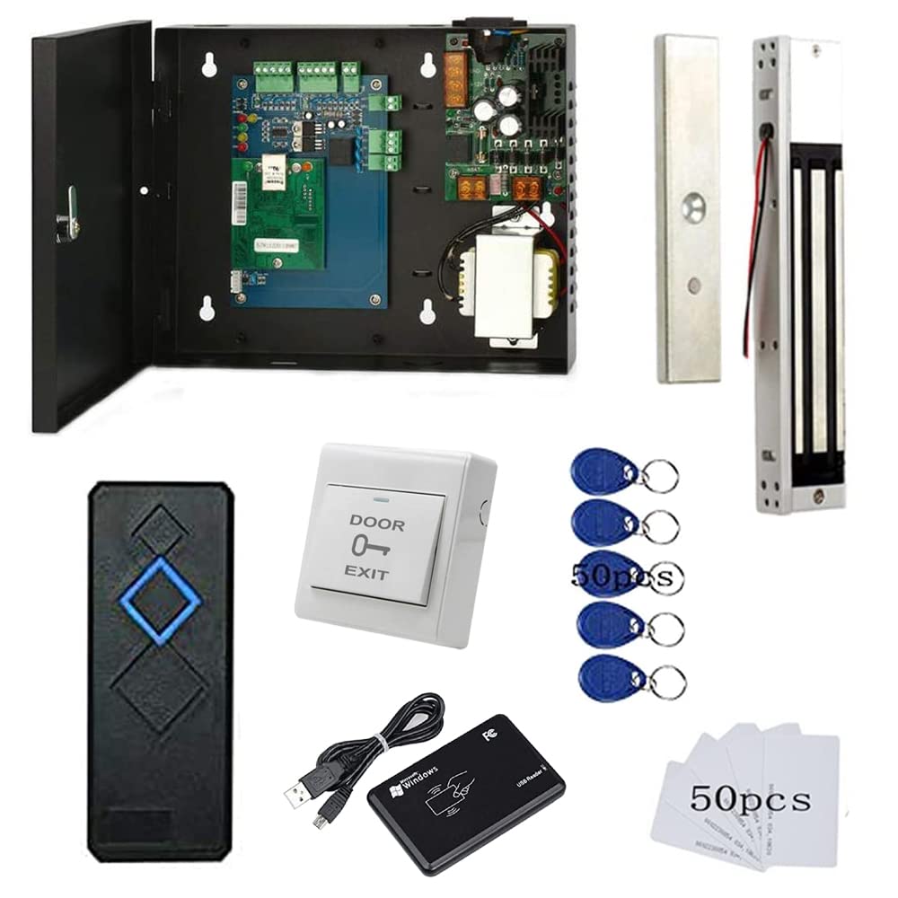 MENGQI-CONTROL Door Access Control System with 600lbs Magnetic Lock Entry Control Panel 110V Power Supply Box RFID Reader Exit Button Enroll RFID USB Reader Card Key Fob Phone APP Remotely Open Lock