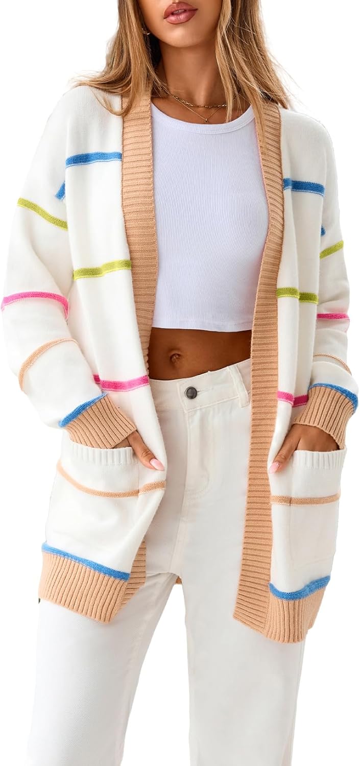 Sidefeel Cardigan Sweaters for Women Lightweight Striped 2025 Long Sleeve Open Front Loose Knit Sweaters Clothes