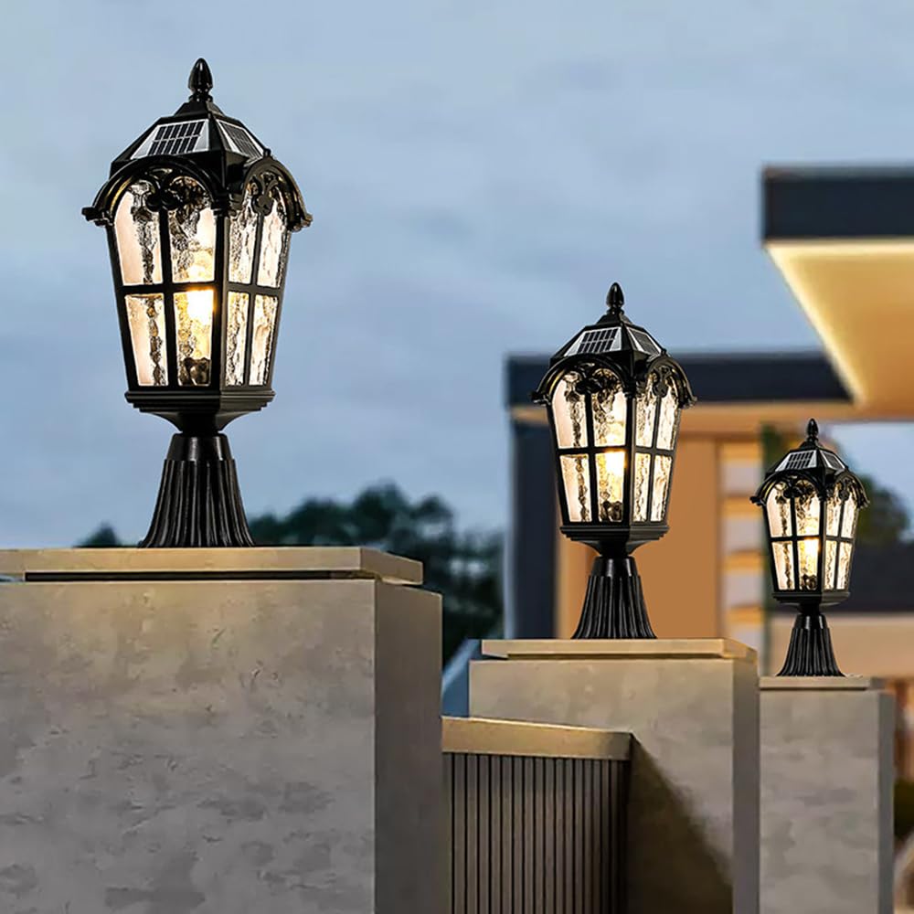 Lampa słoneczna do ogrodzenia ściennego górne czarne oświetlenie zewnętrzne do słupków tarasowych i ogrodowych Lampa solarna na filarze Vintage latarnia ogrodowa ze szkłem do dekoracji