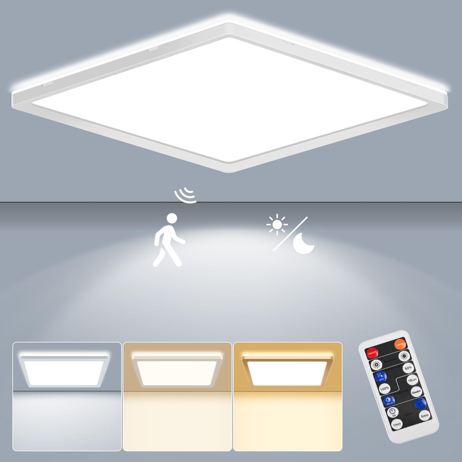 LEZOE 24W Motion Sensor LED Ceiling Light dimmable with Remote, 12Inch 2400lm 3000K/4000K/6500K Flush Mount Ceiling Lighting Fixture, Radar Sensor Lamp for Hallway Closet Laundry Porch Stair