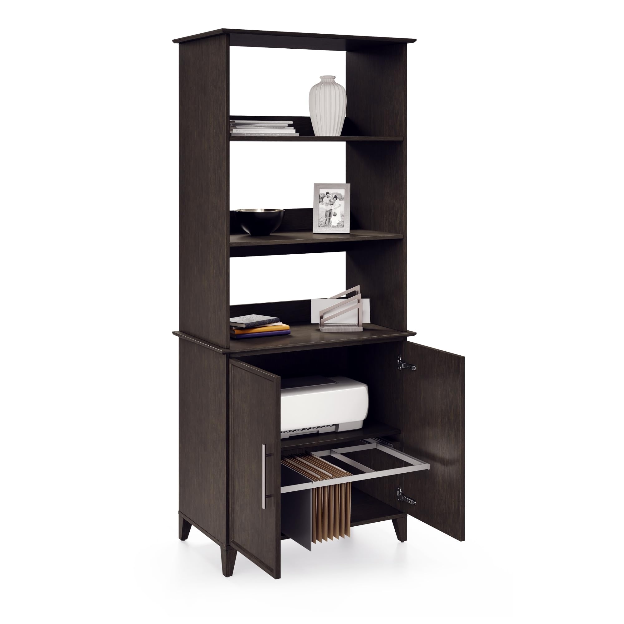 Realspace(r) Koru 72"H 3-Shelf Bookcase With Printer Shelf & File Storage, Espresso Oak