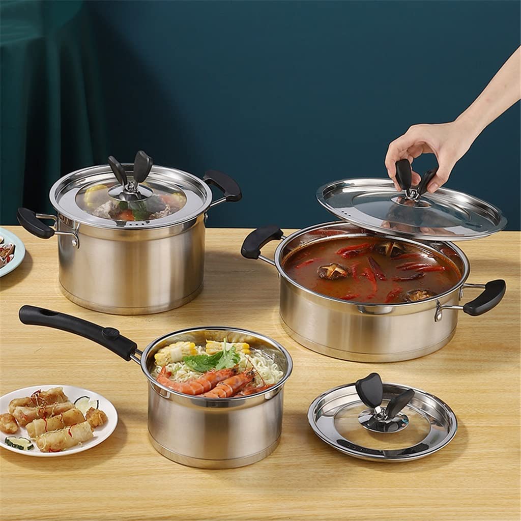 Set di pentole da cucina in acciaio inox massiccio, set da tre pezzi, pentola per zuppa, latte, pentola calda, pentole da cucina per cucinare,