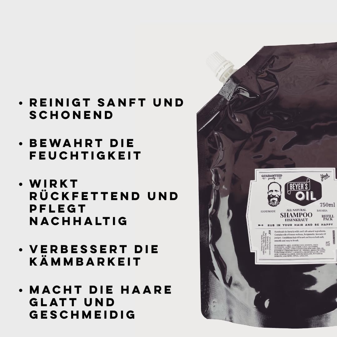 Beyer’s Oil Shampoo Eisenkraut Nachfüllpack 750ml - Bartpflege Bartshampoo - Handgemacht in Bayern - 100% natürlich - Macht den Bart weich und glatt