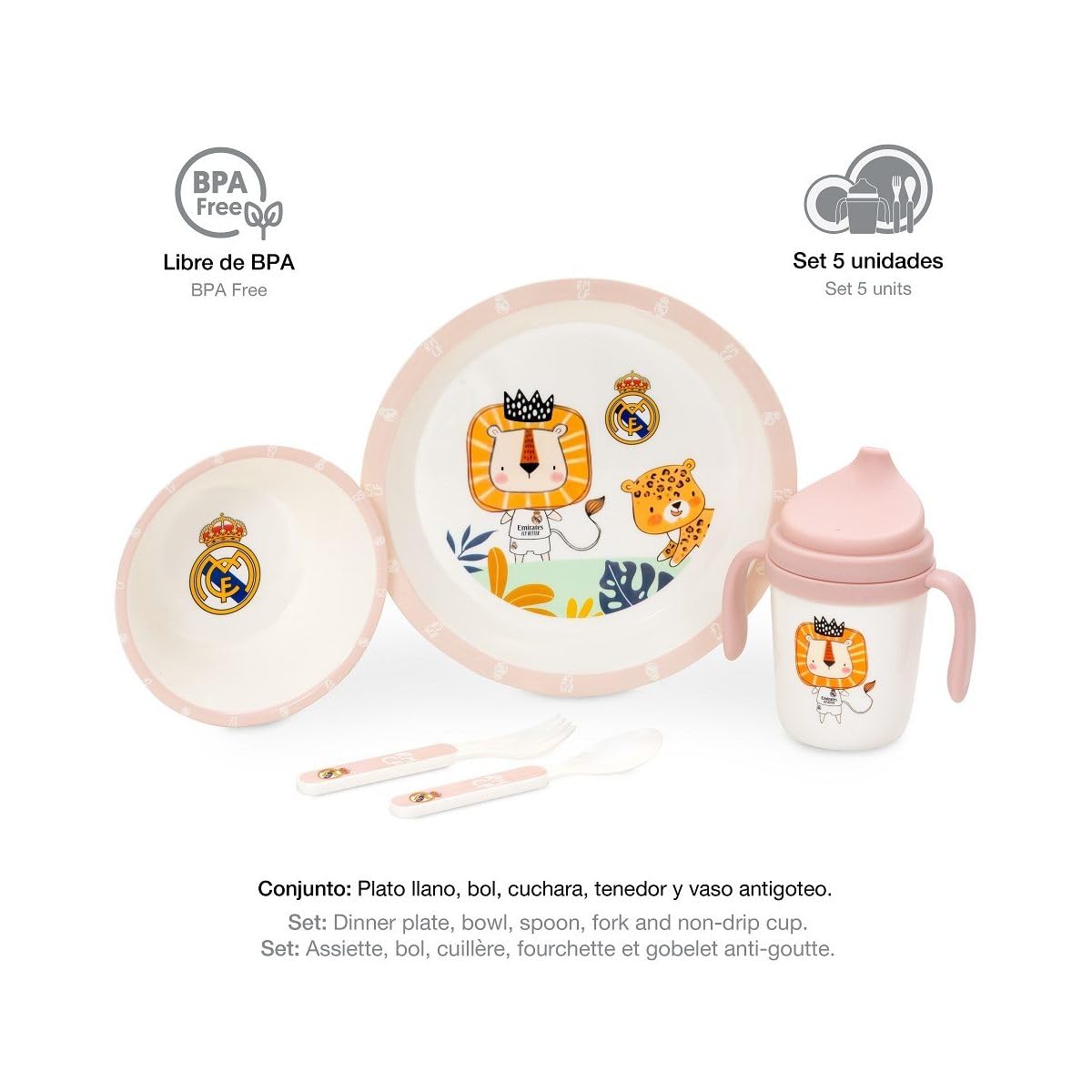 Interbaby - Set de Vajilla Infantil 5 Piezas Real Madrid Rosa | Plato llano, Bol, Cubiertos y Vaso antigoteo | Apto para Lavavajillas | Apto para Microondas | Licencia Oficial | Libre de BPA