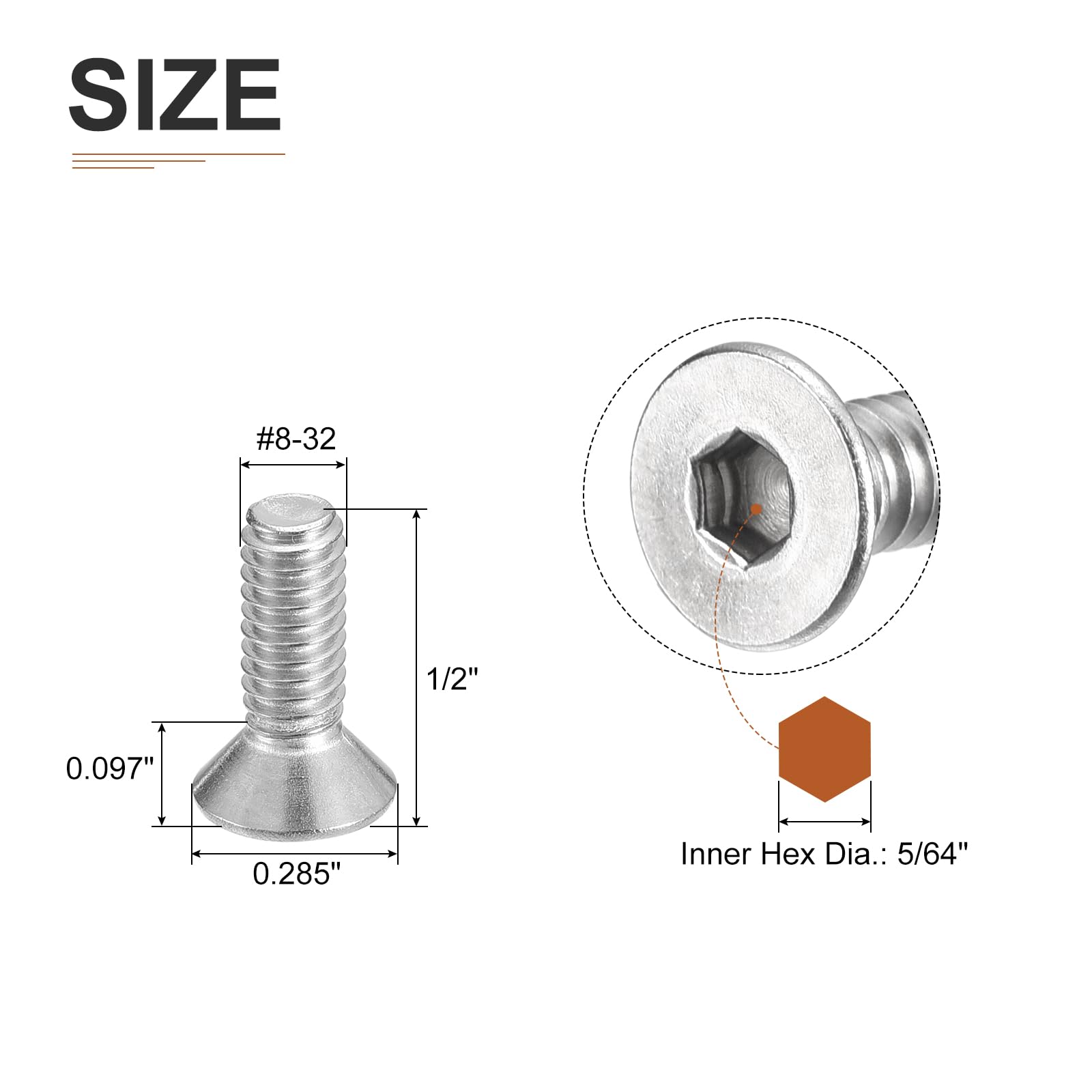 DTGN #8-32 x 1/2" Flat Head Socket Cap Screws, 50 Pack 304 Stainless Steel Hex Socket Flat Head Screws, Full Thread, Countersunk Bolts - Image 2