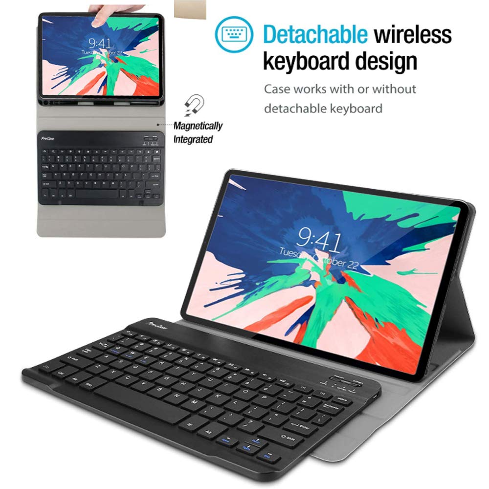 QYiD Étui avec clavier pour iPad Air 4ème génération 2020, léger, Folio en cuir PU détachable sans fil, Bluetooth 7 couleurs rétroéclairées, Smart Folio Housse en cuir noir