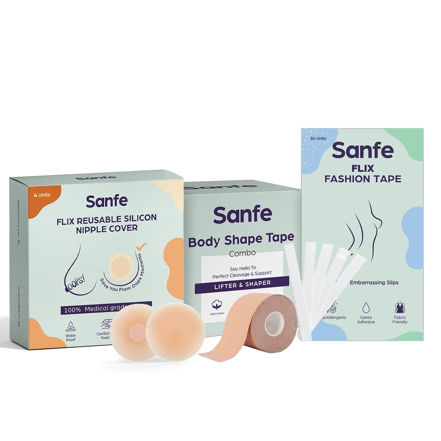 Boob Tape Kit - Instant Boob Tape with 4 Silicone Nipple Pasties With Fashion Tape 36 Pcs Double Sided Tape for Clothes | Complete Body Support | Lingerie Accessories Breast Tape | Nipple Cover
