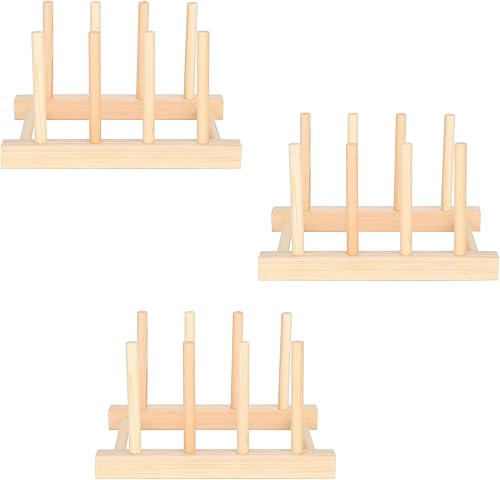 Estante para platos de madera, 3 juegos de platos de bambú, tazón, taza, tapa de olla, tabla de cortar, estante de secado de platos de madera,