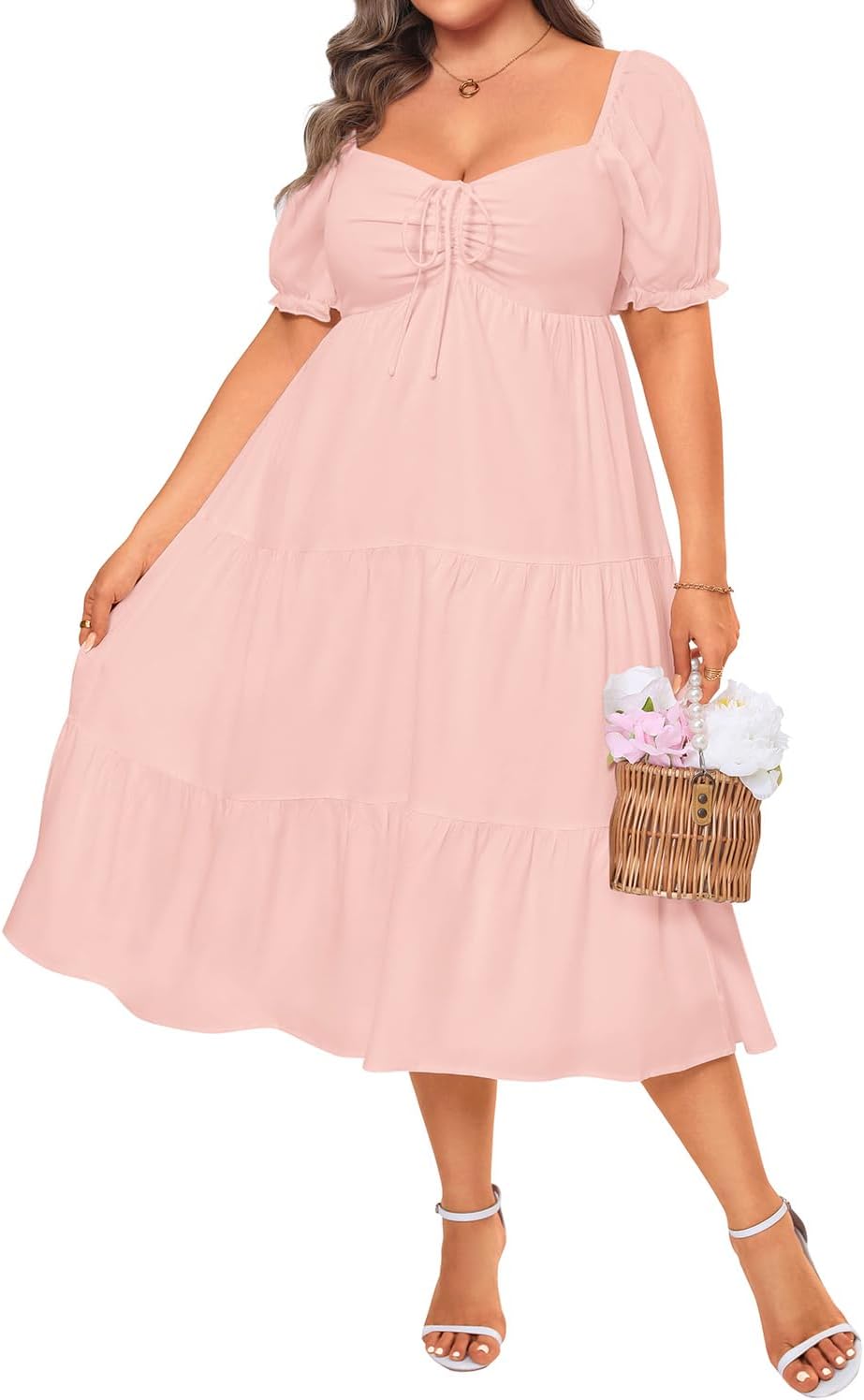 Plus Size Summer Dresses - Sweetheart Neck Drawstring Puff Sleeve Casual Wedding Guest Tiered Aline Flowy Midi Dress - Image 2