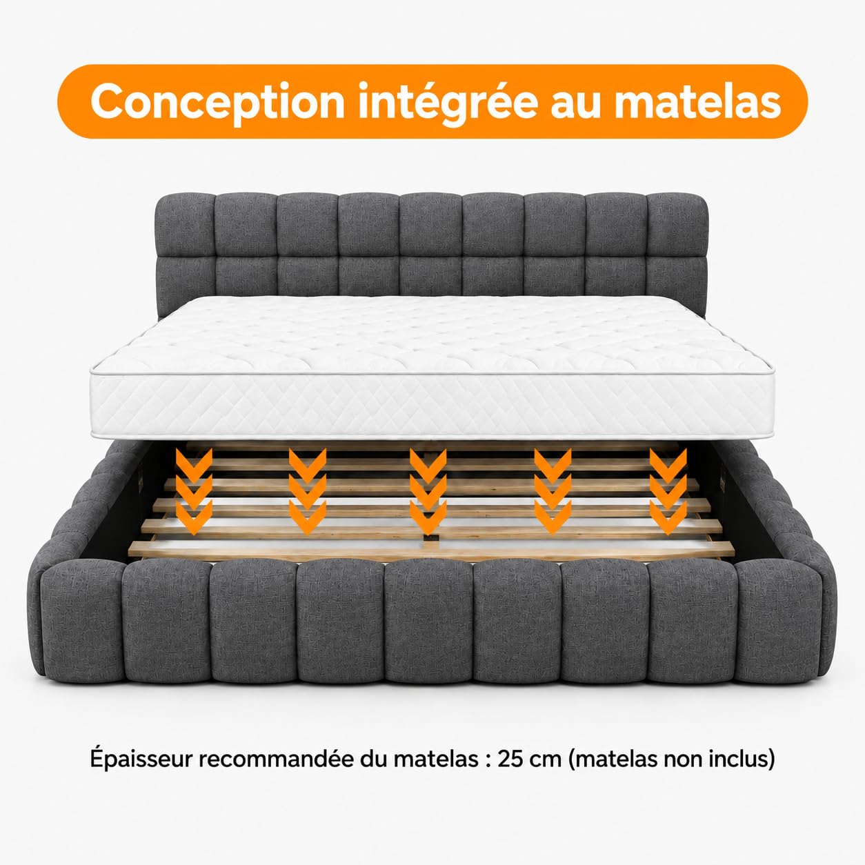 Lit Bulle 140x190 avec sommier à Lattes et tête de lit rembourrée, Cadre de lit Bas, Lit Double capitonné,Lin, sans Matelas (Gris, 140 x 190 cm)