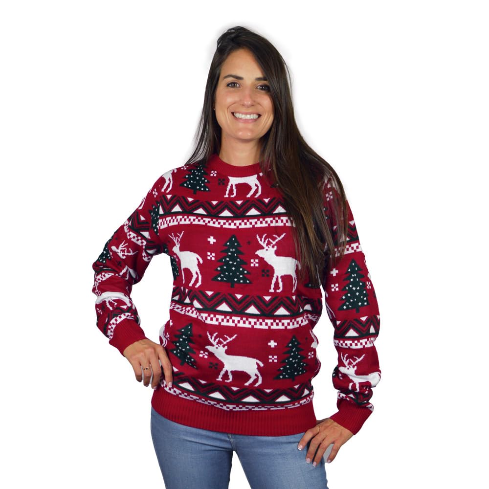 Jersey Navideño Rojo Árboles de Navidad y Renos para Mujer, Hombre y Niños