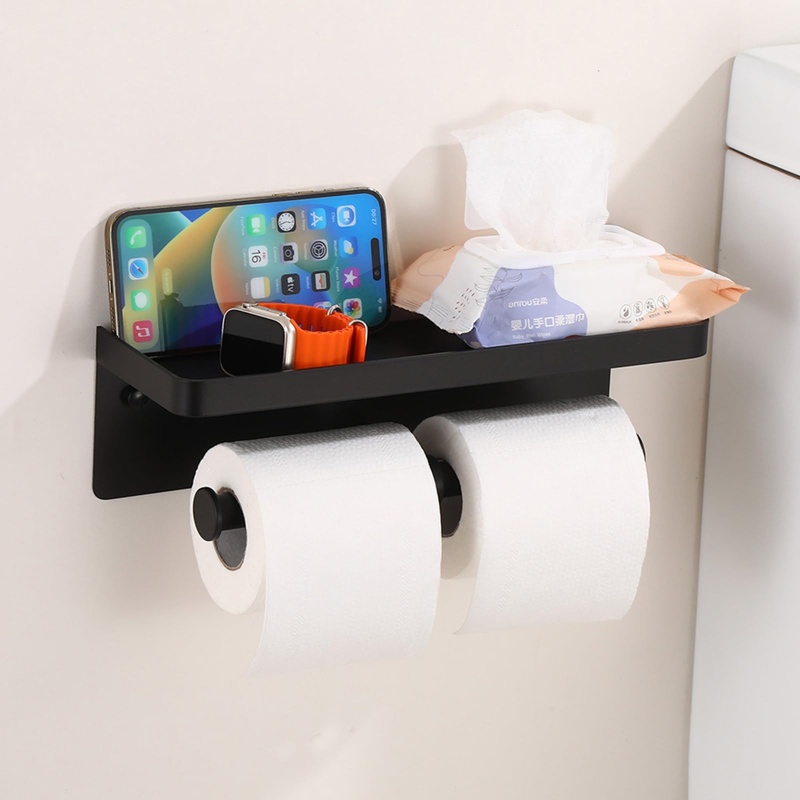 Portarrollos Baño De Aluminio Espacial, Portarrollos Papel Higienico Negro con Soportes Dobles, Porta Rollos De Papel Higienico, Portarollos Papel Higienico, Instalación De Perforación