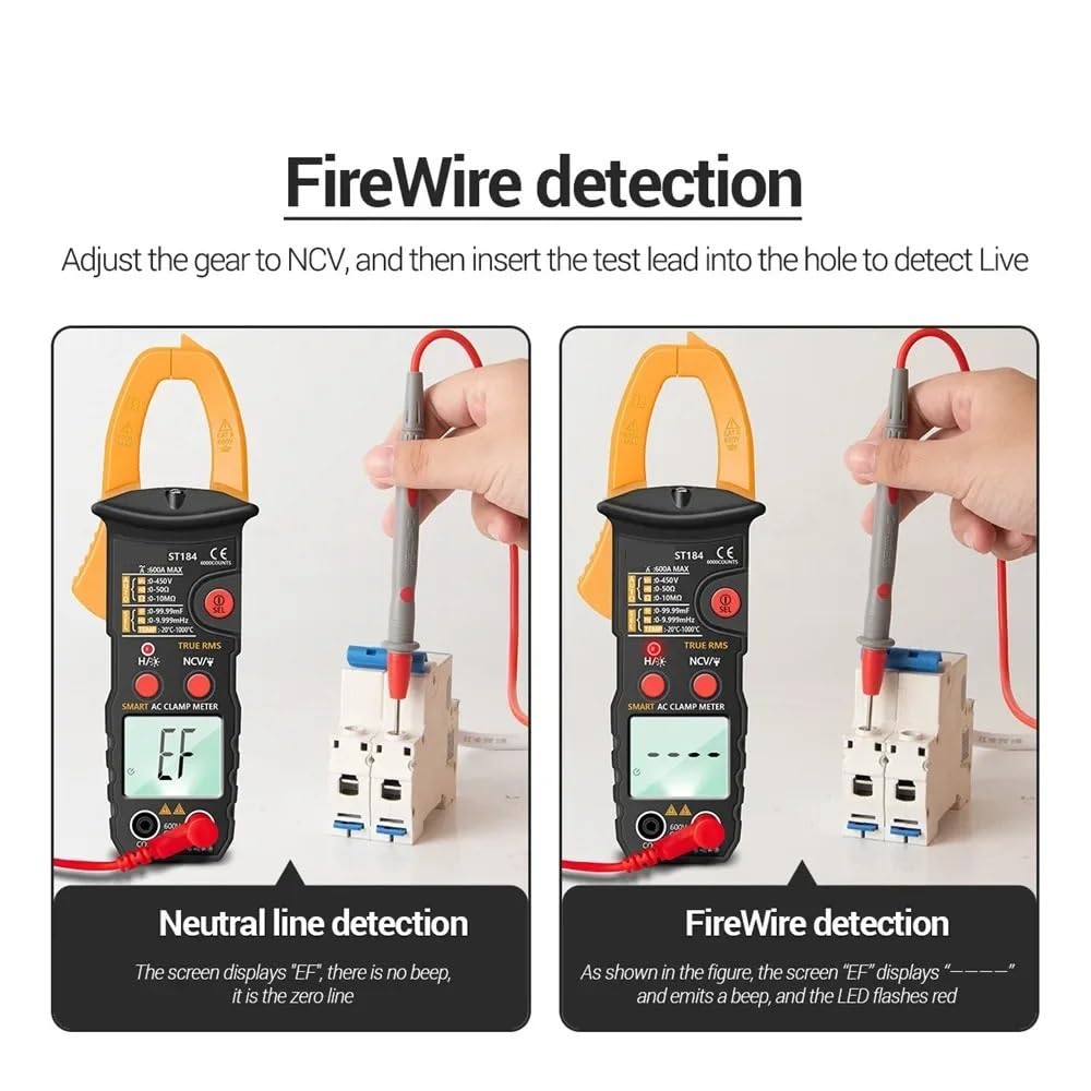 Multimetri ST184 6000 conteggi Multimetro Digitale Professionale Pinza amperometrica True RMS AC/DC Tester di Tensione Corrente AC Hz capacità Ohm (Color : ST184 Black)
