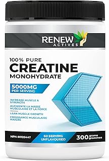NEW! Renew Actives Creatine Monohydrate Powder, Ultimate Post or Pre Workout Powder for Muscle Growth, Mass Gainer, and Increased Strength, 100% Pure Unflavored Creatine Powder Made in Canada [ 5g per serving/ 60 Serving