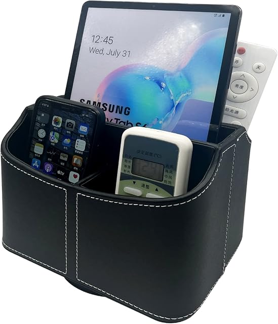 Tasnme TV Remote Control Holder 360 Degrees Rotatable Leather Remotes Caddy Office Desktop Organizer Storage Box for Home Decoration Cosmetic Accessories E-Reader iPad Phone Pen Stationery