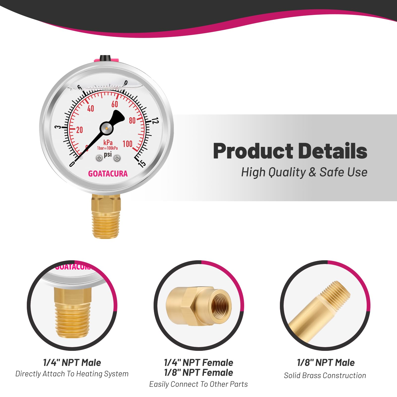 Kit manometro per aria compressa riempito di glicerina per riscaldatori da 0-15 psi, quadrante da 2-1/2", ad alta precisione, per la misurazione di riscaldatori portatili a olio combustibile a bassa
