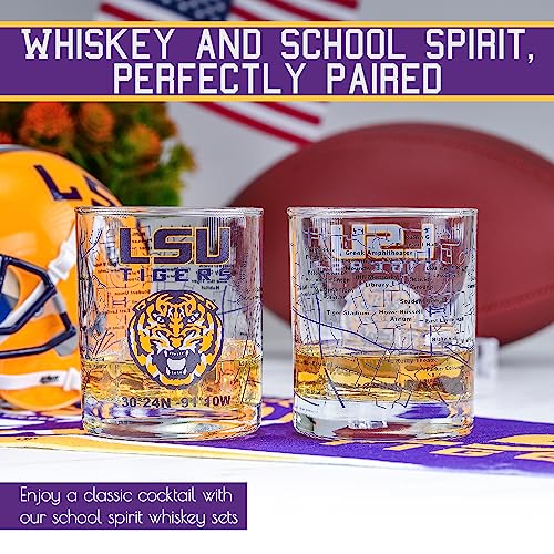 Greenline-Goods-Louisiana-State-University-Whiskey-Glass-Set-2-Low-Ball-Glasses-Full-Color-LSU-Logo-Campus-Map-LSU-Tiger-Gift-for-College-Grads-Alumni-College-Cocktail-Glassware